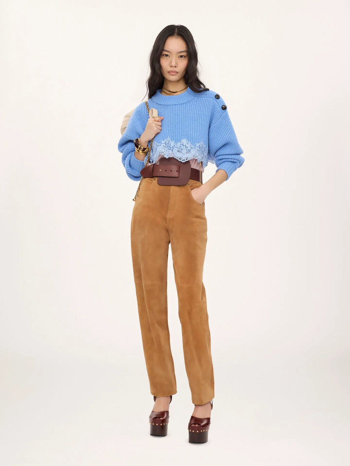 Cropped sweater in a merino wool knit & lace