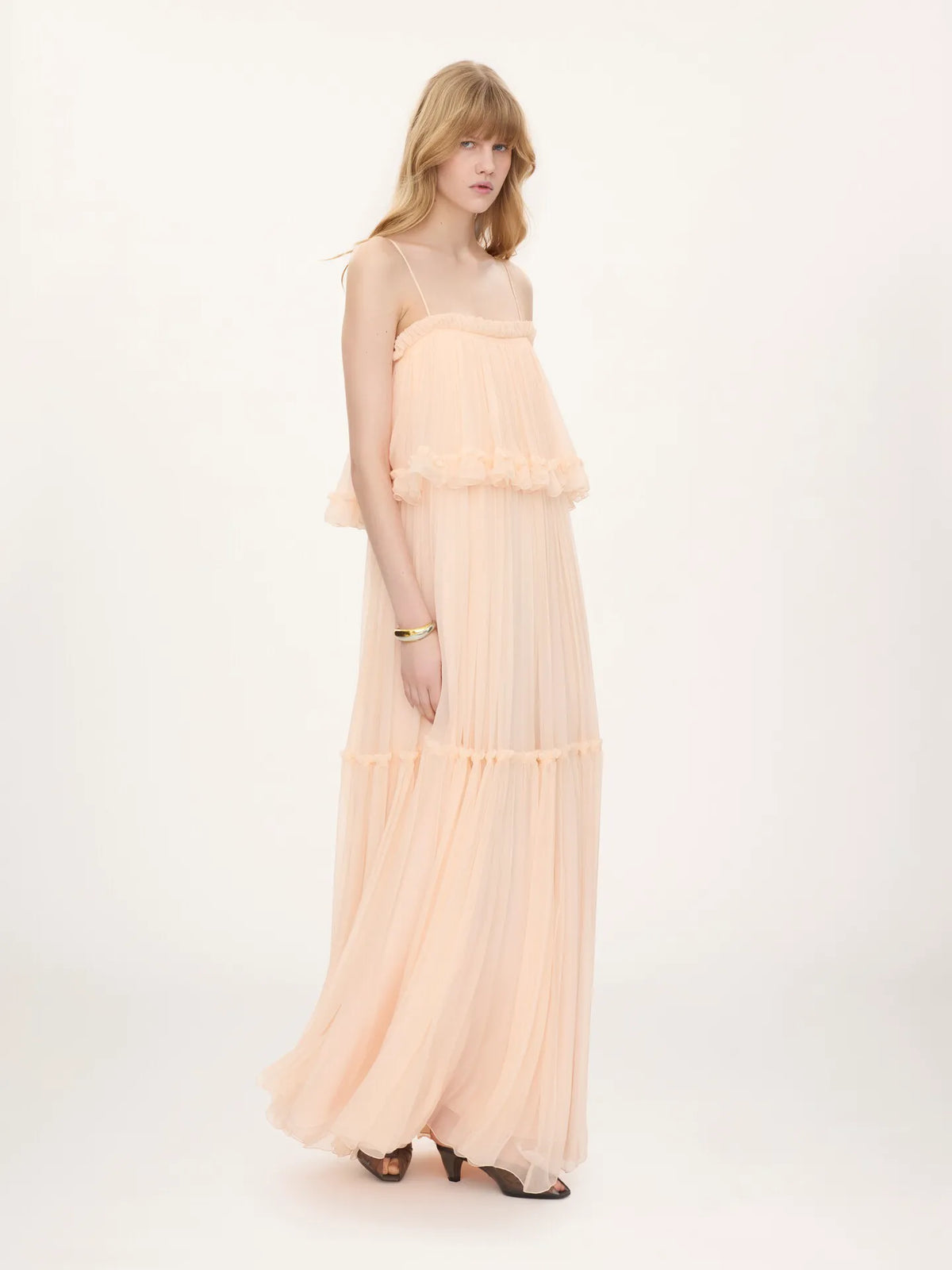 Thin-strap long dress in silk mousseline