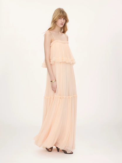 Thin-strap long dress in silk mousseline