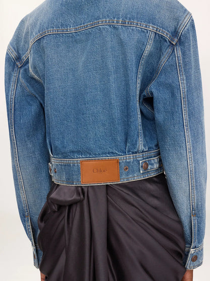 Collarless cropped jacket in denim