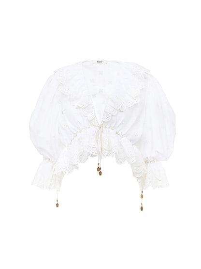 V-neck ruffle top in cotton voile