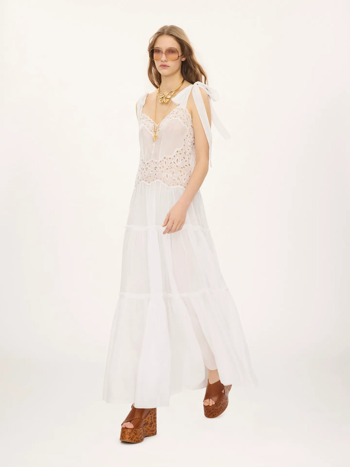 Tiered long dress in cotton voile