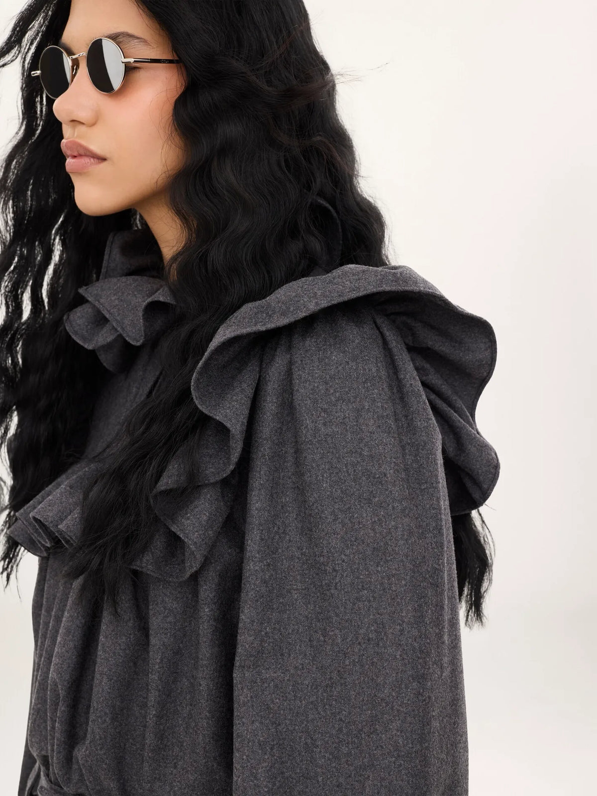 High-neck ruffle top in wool & cashmere flannel