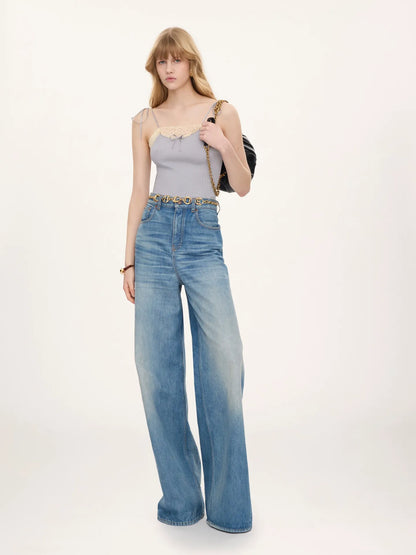 Thin-strap tank top in cotton jersey & lace