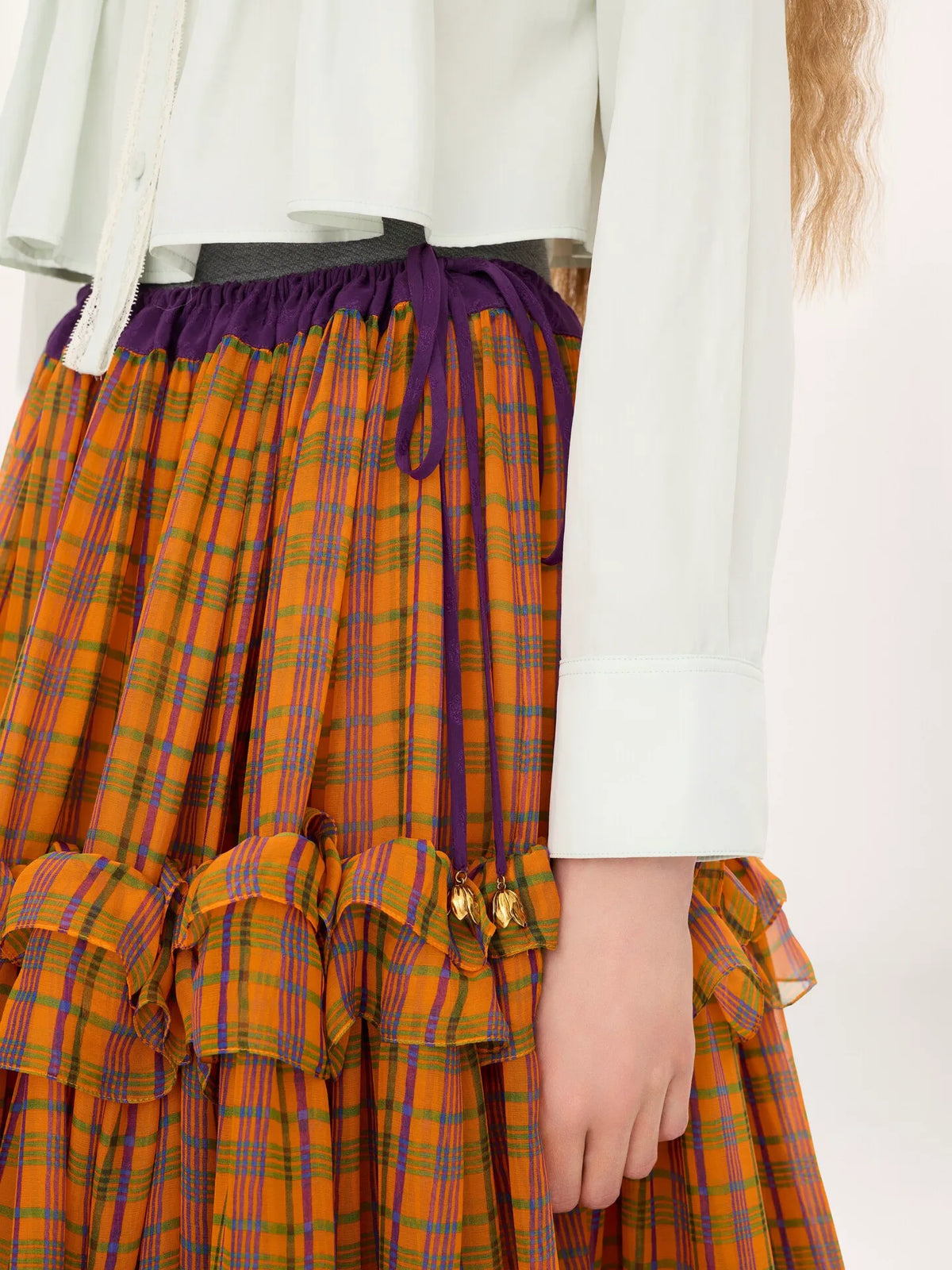 Ruffled long skirt in check silk mousseline