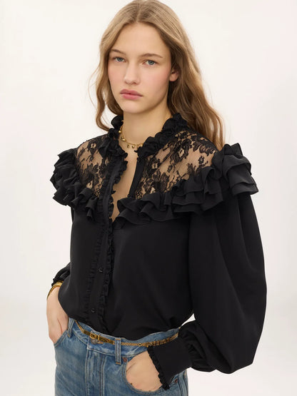 High-neck ruffled blouse in crêpe de chine & lace