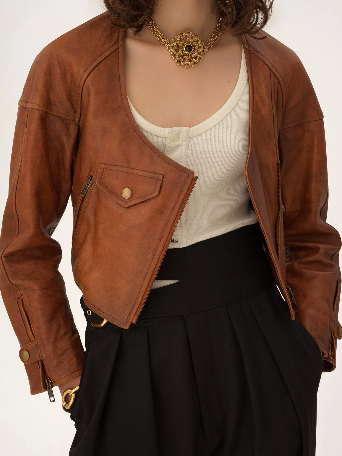 Cropped scoop-neck jacket in leather
