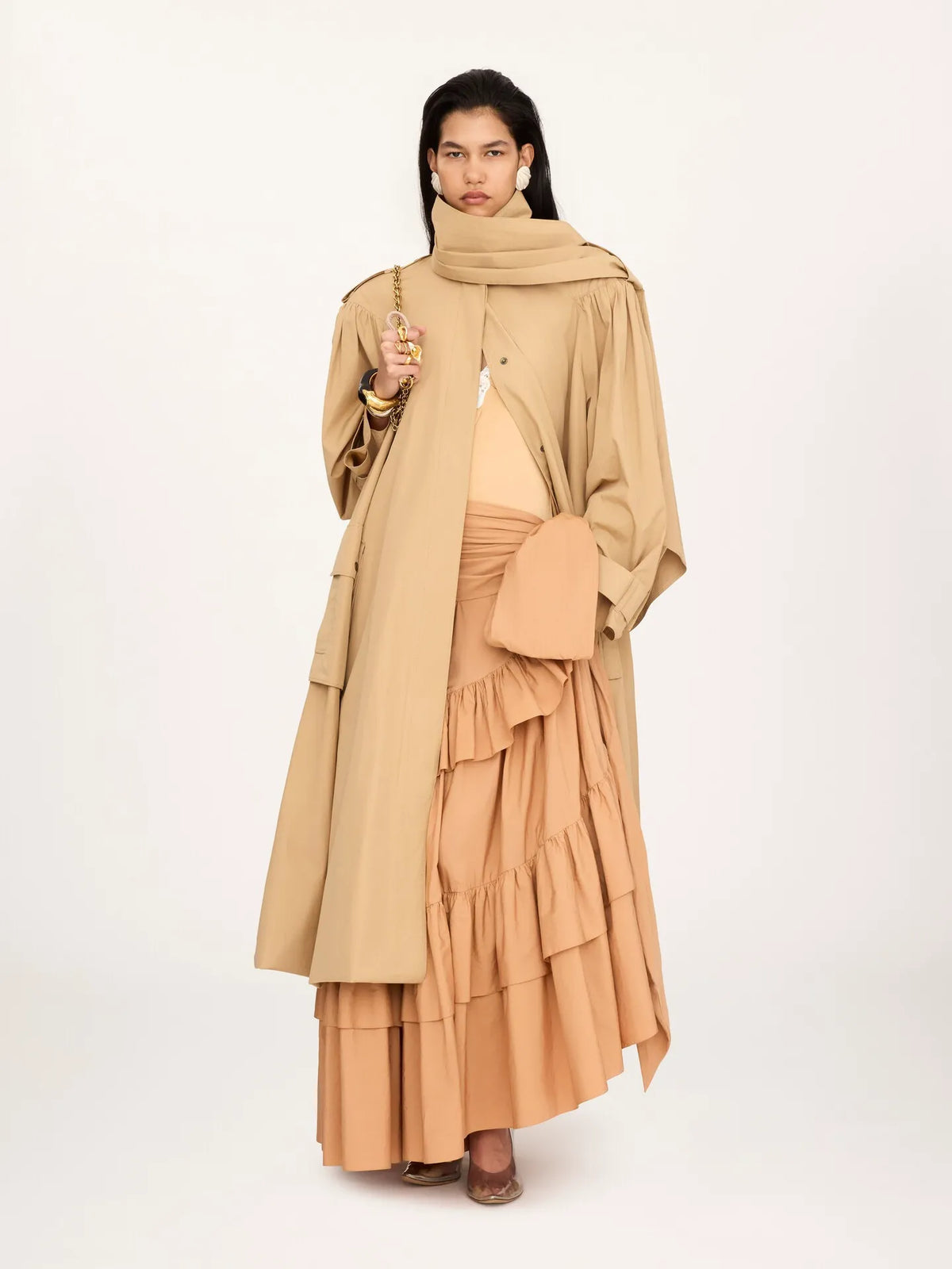 High-neck scarf trench coat in cotton poplin