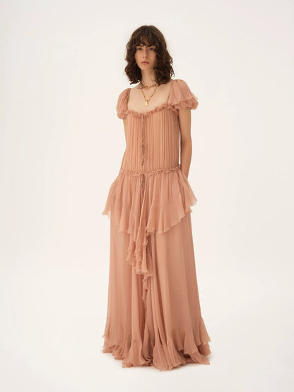Gathered long ruffled dress in silk mousseline
