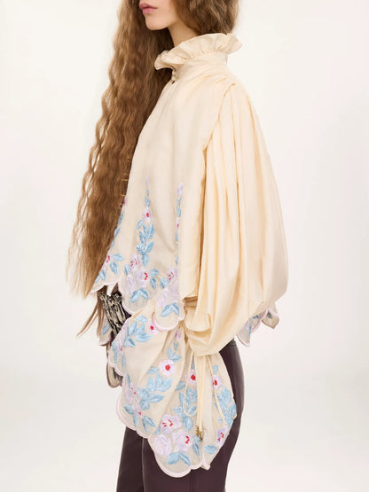 High-neck puff-sleeve top in technical taffeta