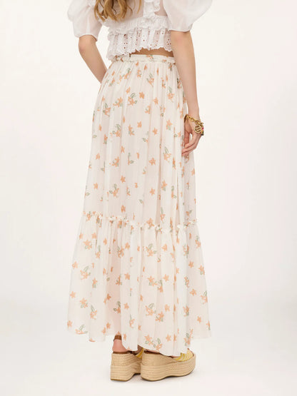 Gathered long skirt in silk charmeuse