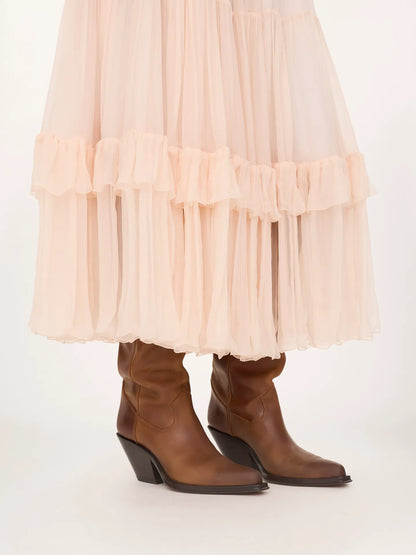 Ruffled long skirt in silk mousseline