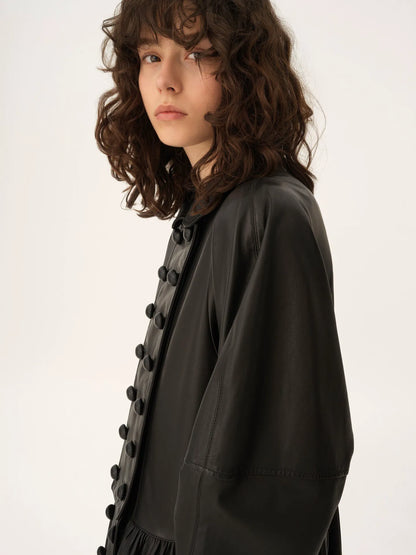 Oversized long riding coat in leather