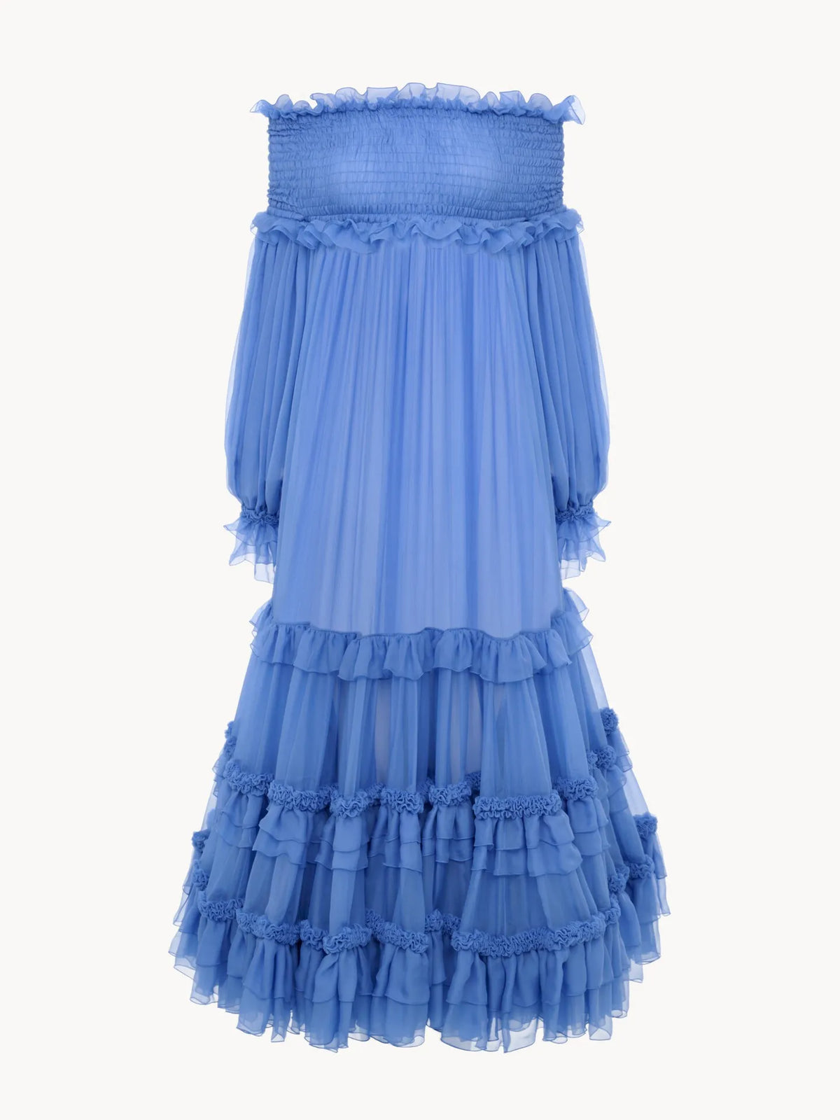 Off-the-shoulder long dress in silk mousseline