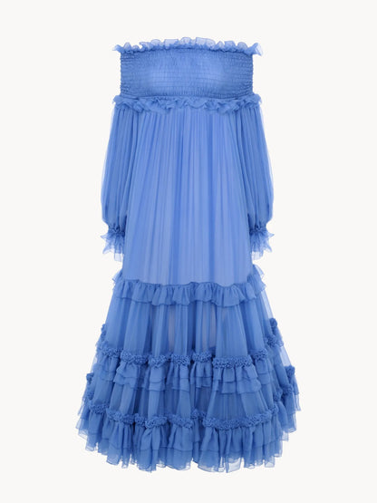 Off-the-shoulder long dress in silk mousseline