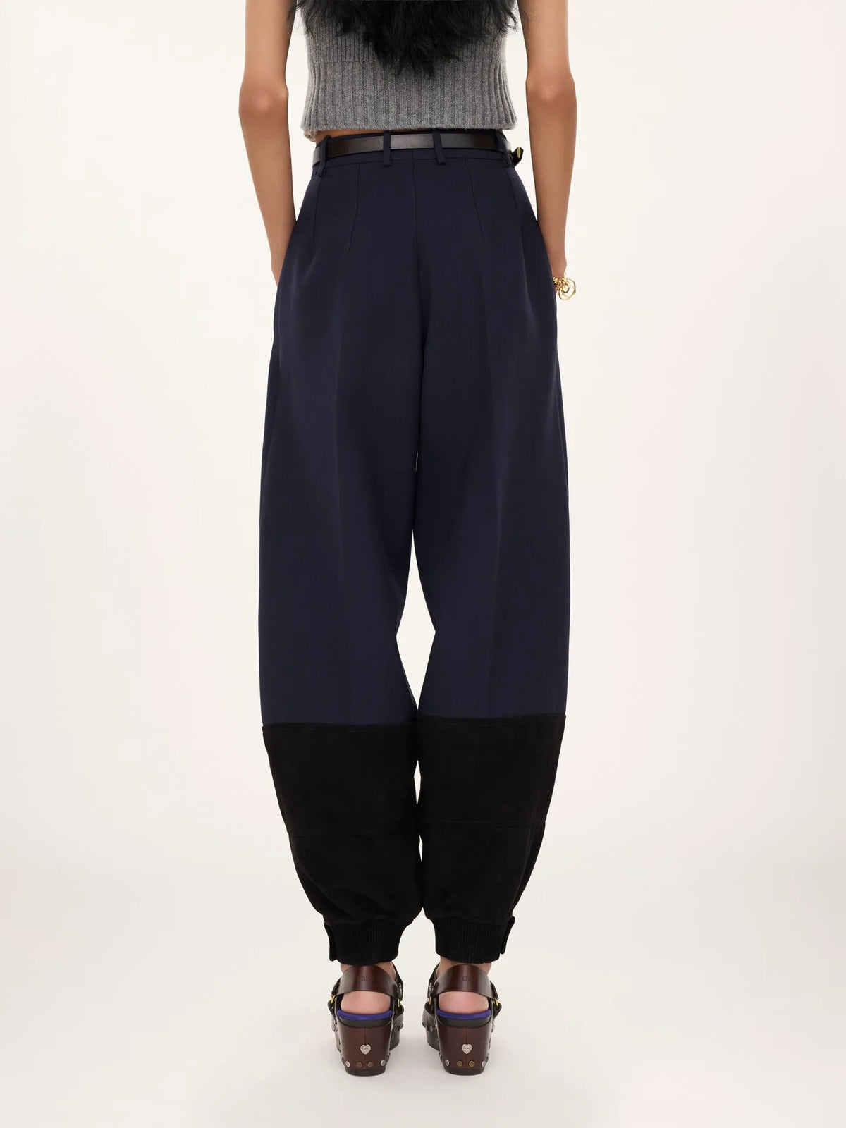 High-rise barrel pants in wool crêpe & suede leather