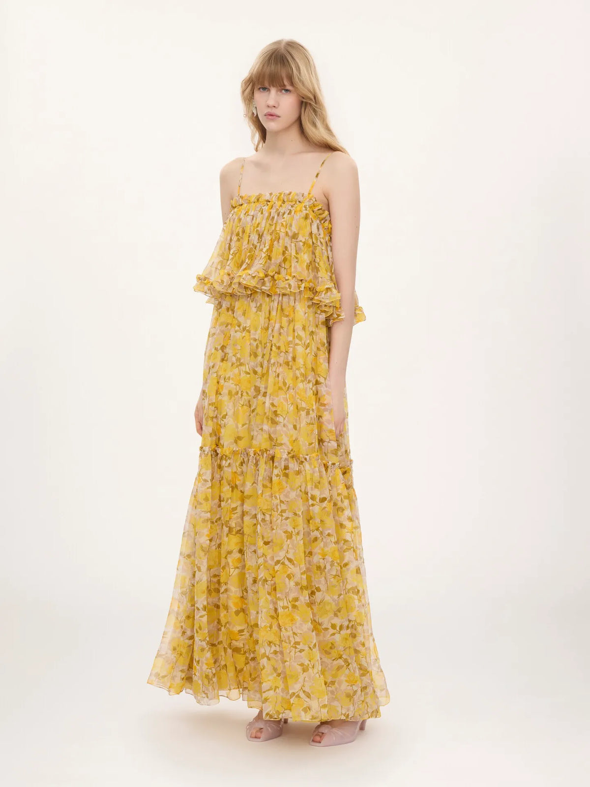 Thin-strap long dress in silk mousseline