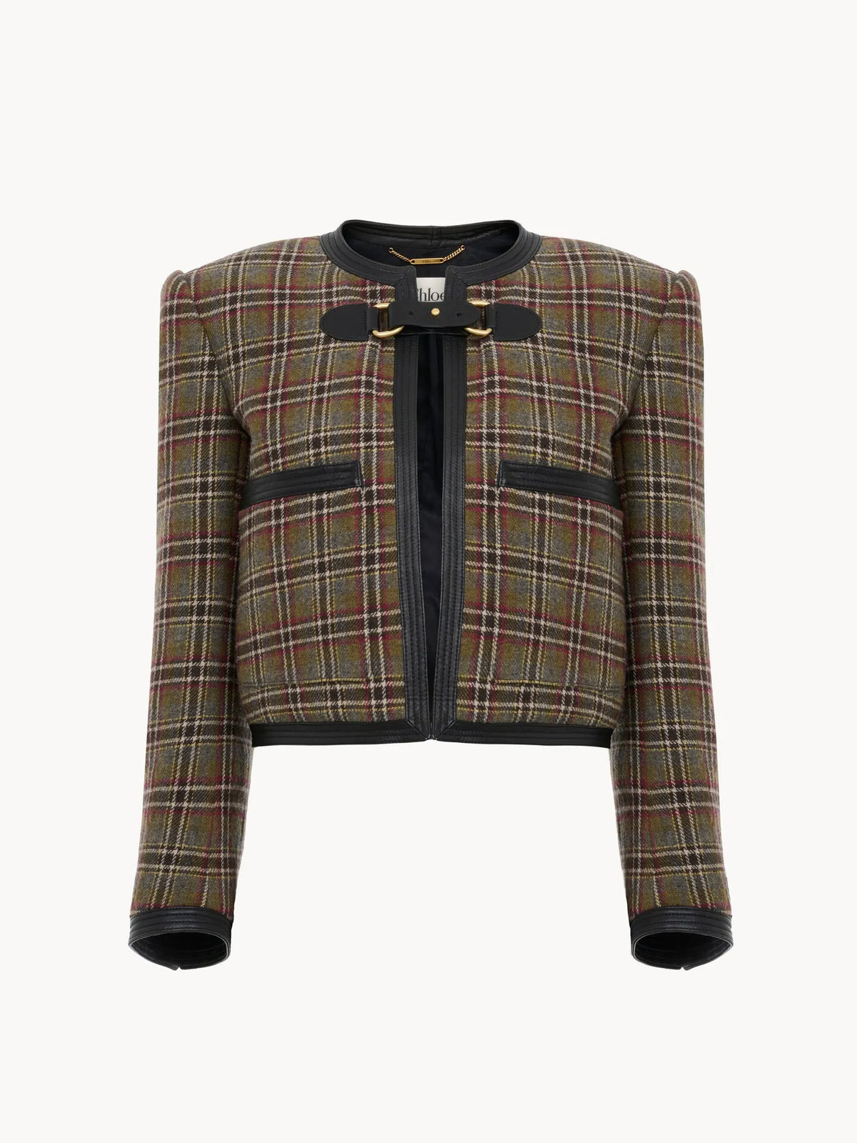 Collarless cropped boxy jacket in check wool