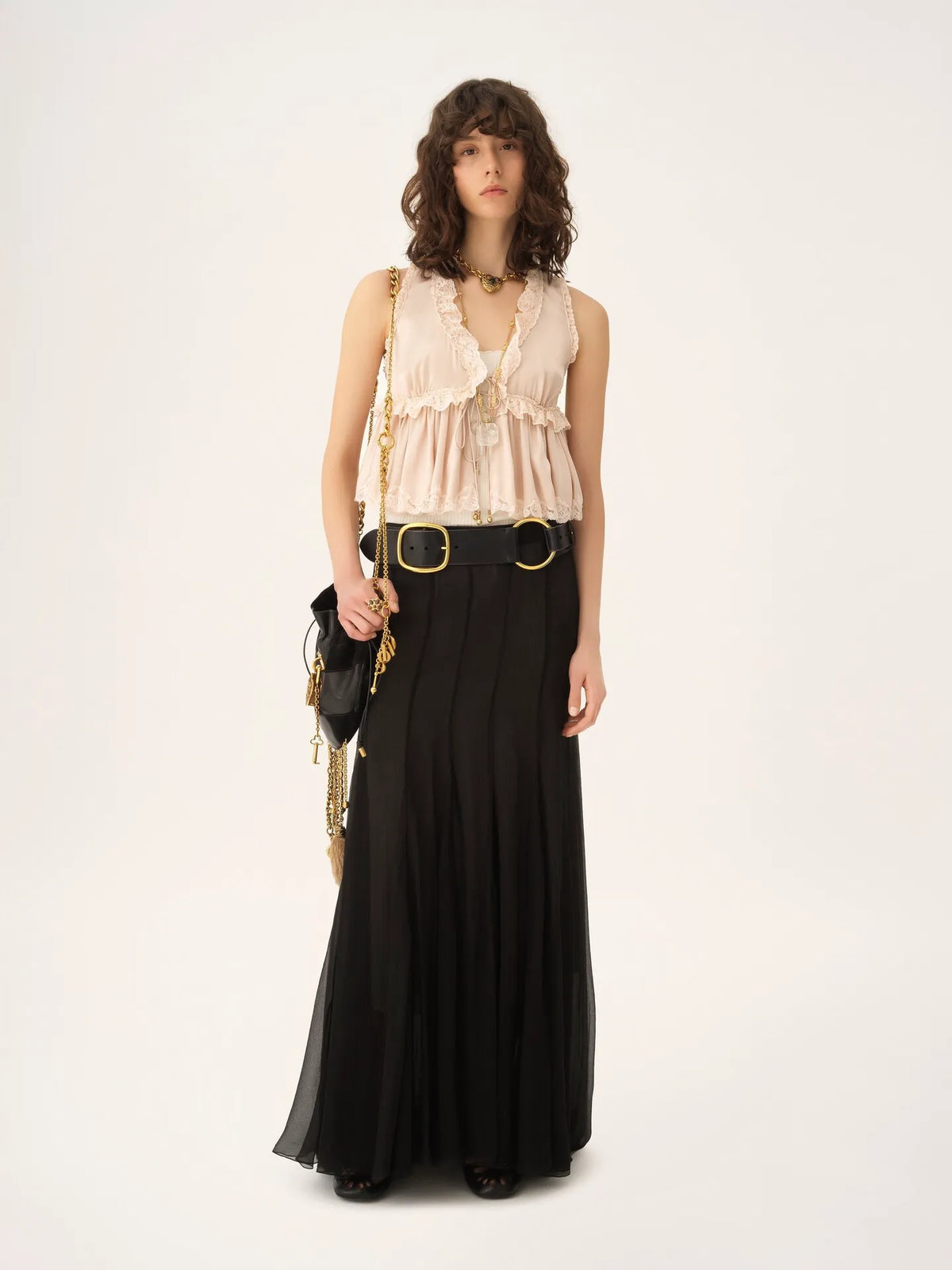 Tie-front sleeveless top in washed silk satin & lace
