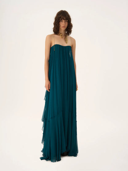 Sleeveless long dress in silk mousseline