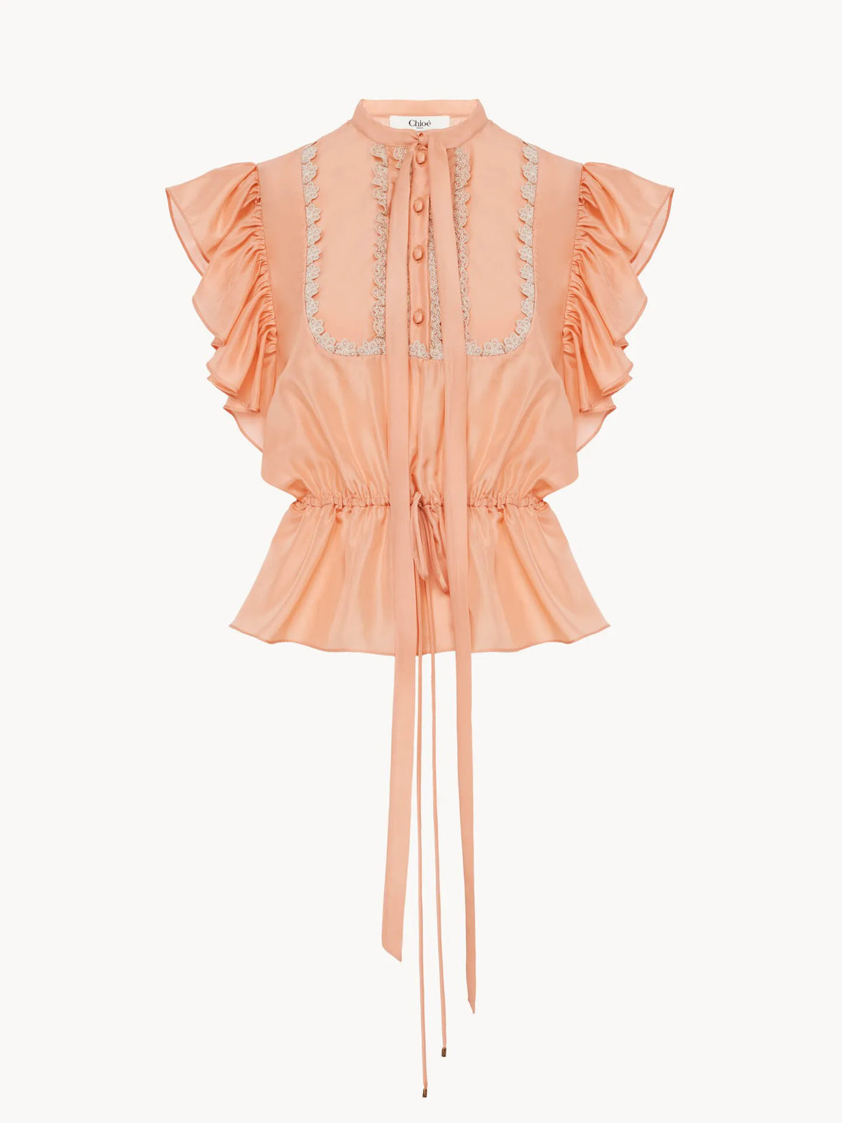Short-sleeve ruffle top in washed silk habotai & lace