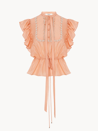 Short-sleeve ruffle top in washed silk habotai & lace