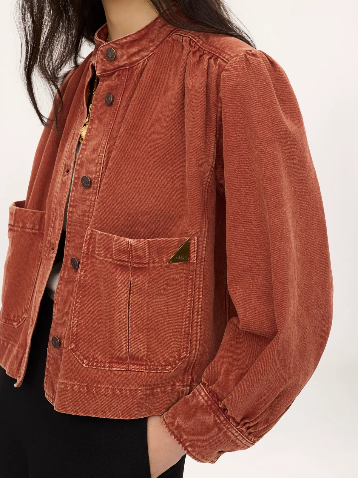 High-neck gathered jacket in denim