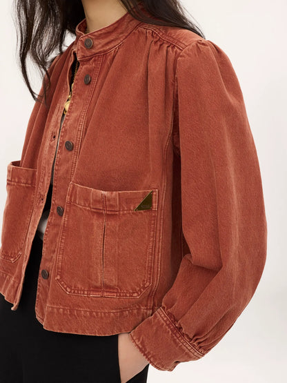 High-neck gathered jacket in denim