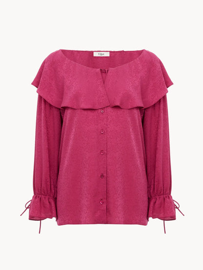 Round-neck ruffle blouse in silk jacquard