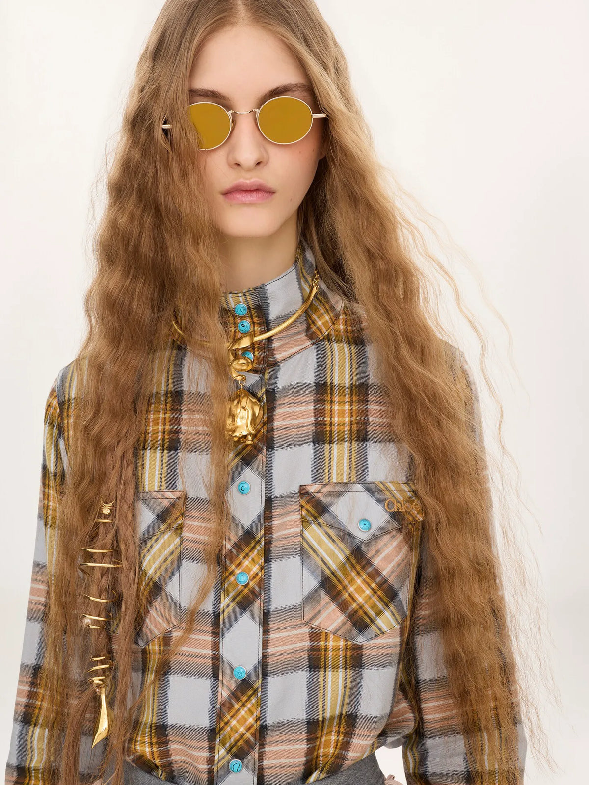 Lavallière shirt in check cotton & cupro