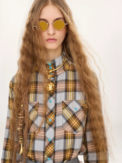 Lavallière shirt in check cotton & cupro