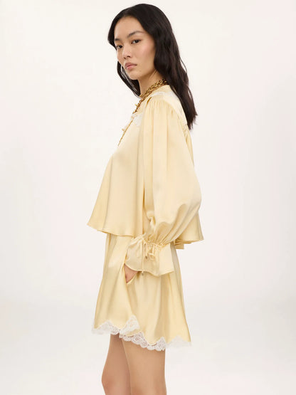 Fluid shorts in washed silk satin & lace