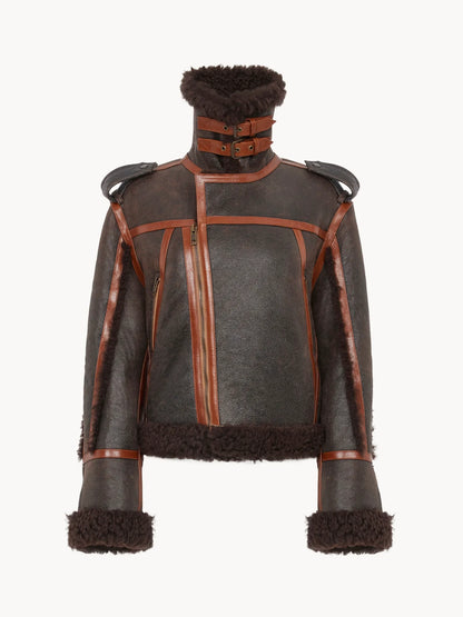 High-neck jacket in shearling