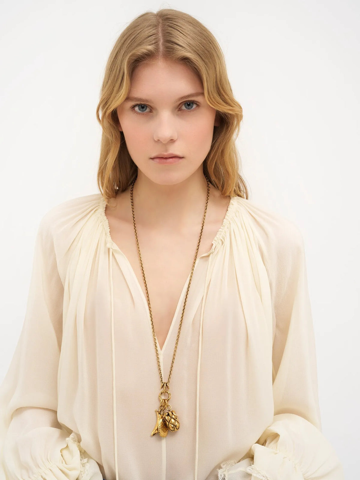 Gathered V-neck top in silk georgette