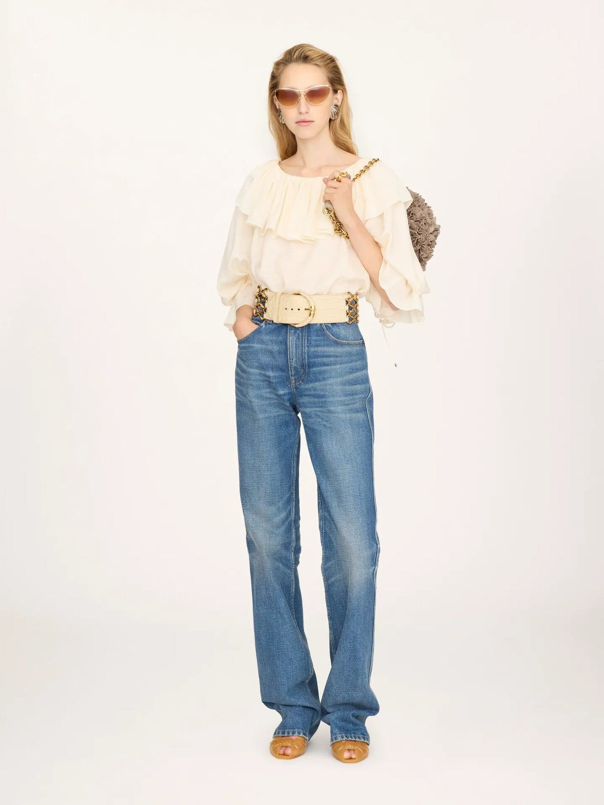 Fluid ruffle top in silk jacquard