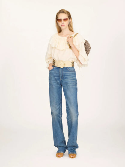 Fluid ruffle top in silk jacquard