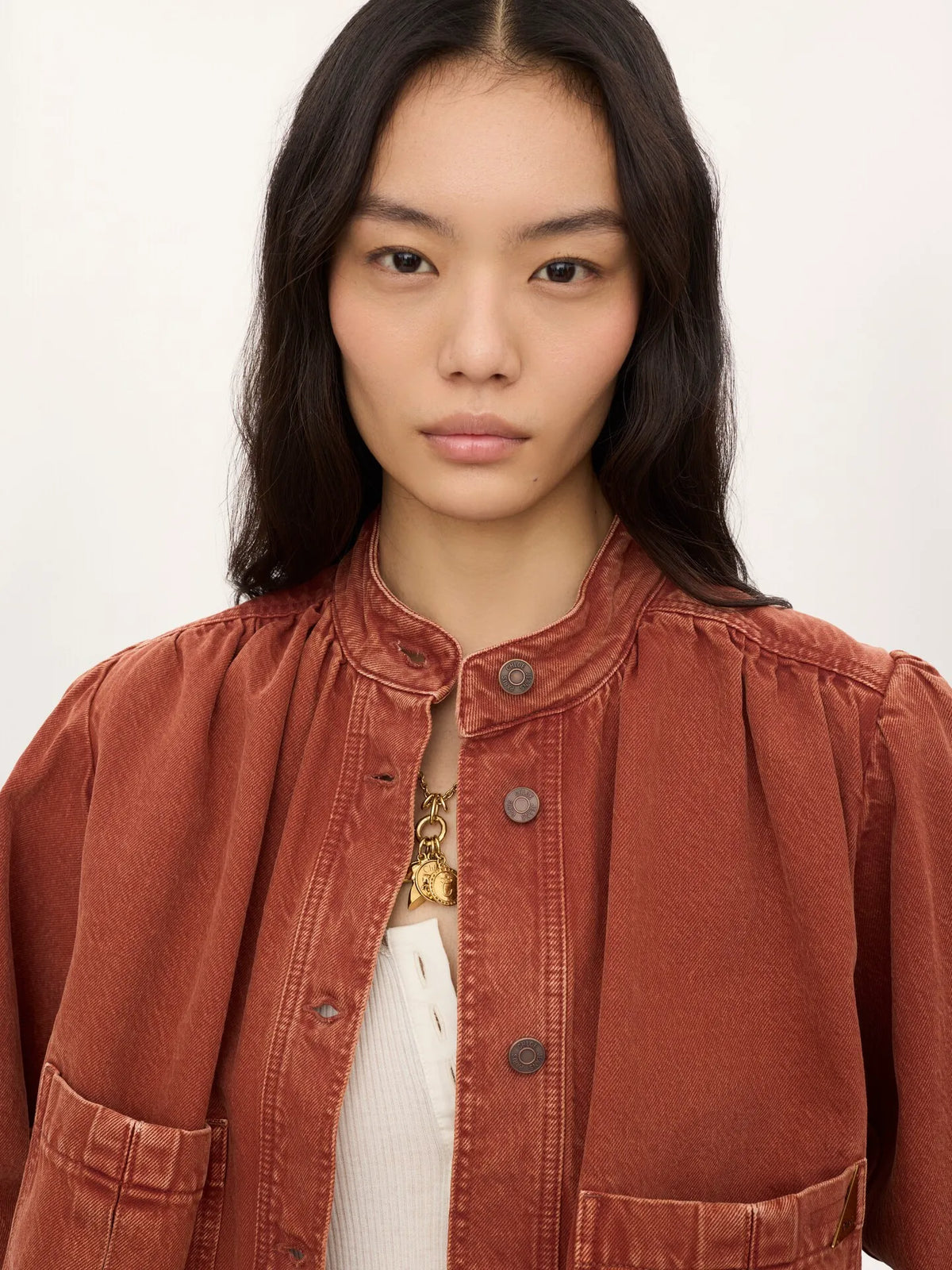 High-neck gathered jacket in denim