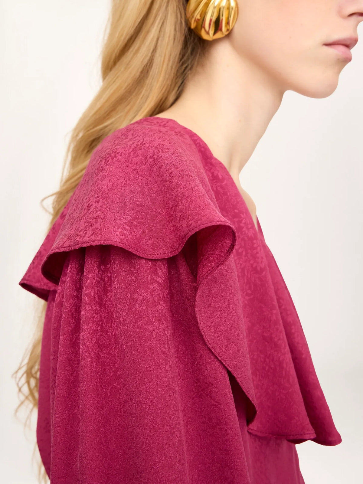Round-neck ruffle blouse in silk jacquard