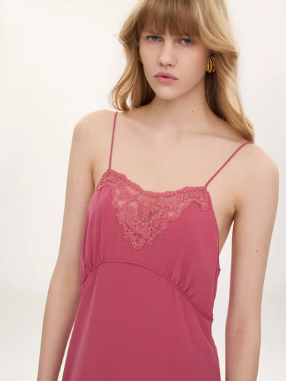 Long lingerie dress in crêpe de chine & lace