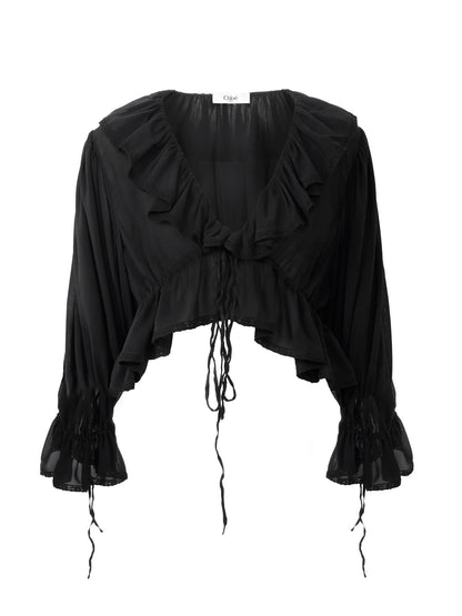 Cropped V-neck ruffle top in silk georgette & lace