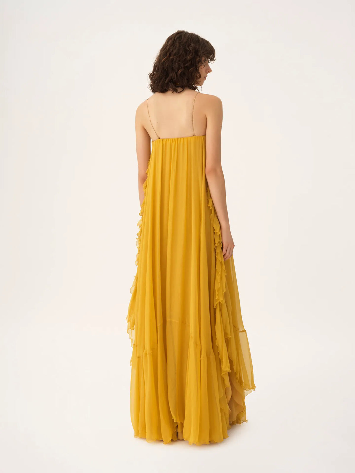Sleeveless long dress in silk mousseline
