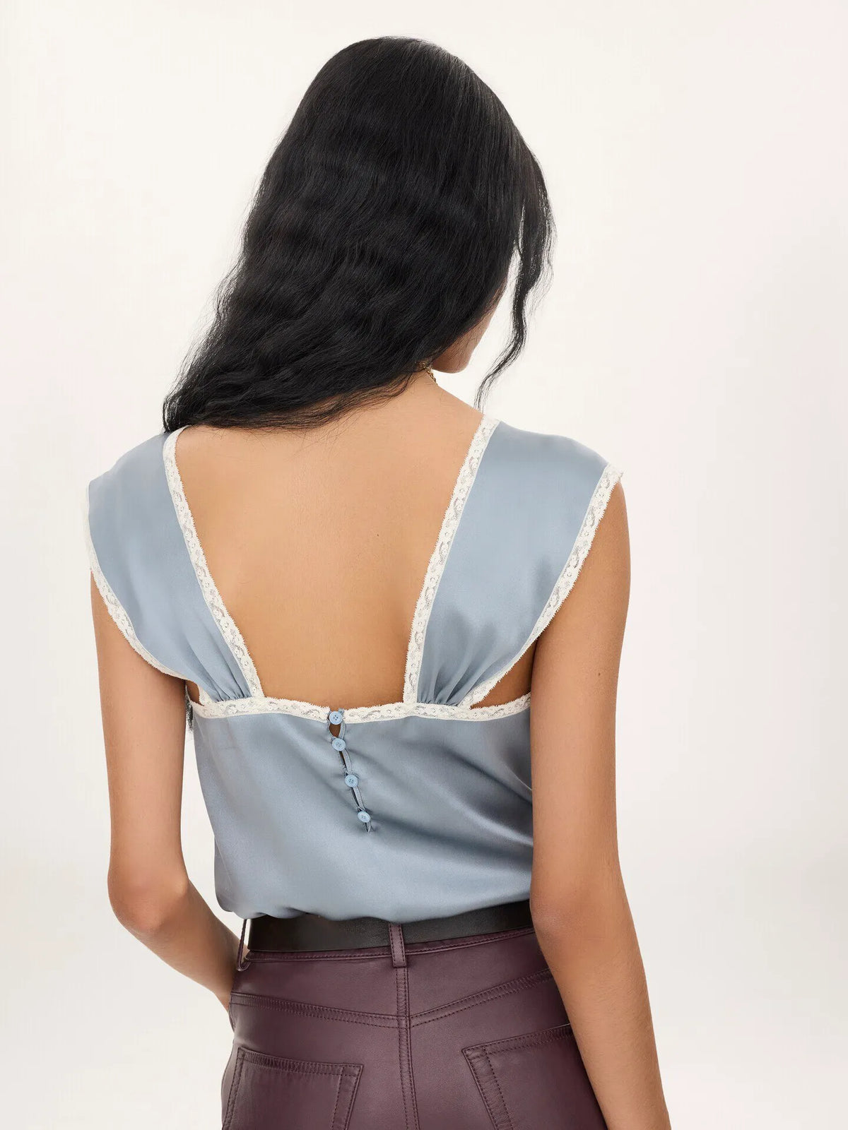 Fluid lingerie top in washed silk satin & lace