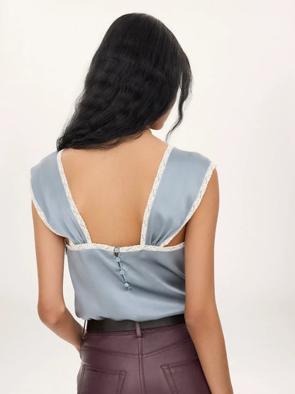 Fluid lingerie top in washed silk satin & lace