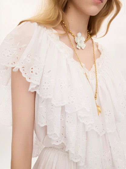 Cropped V-neck ruffle top in cotton voile & lace