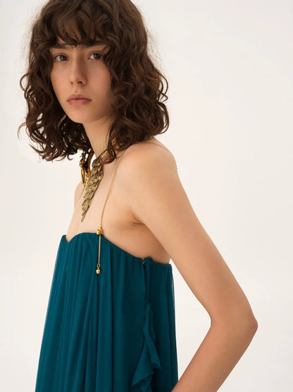 Sleeveless long dress in silk mousseline