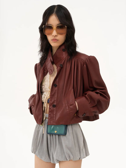 Gathered boule jacket in leather
