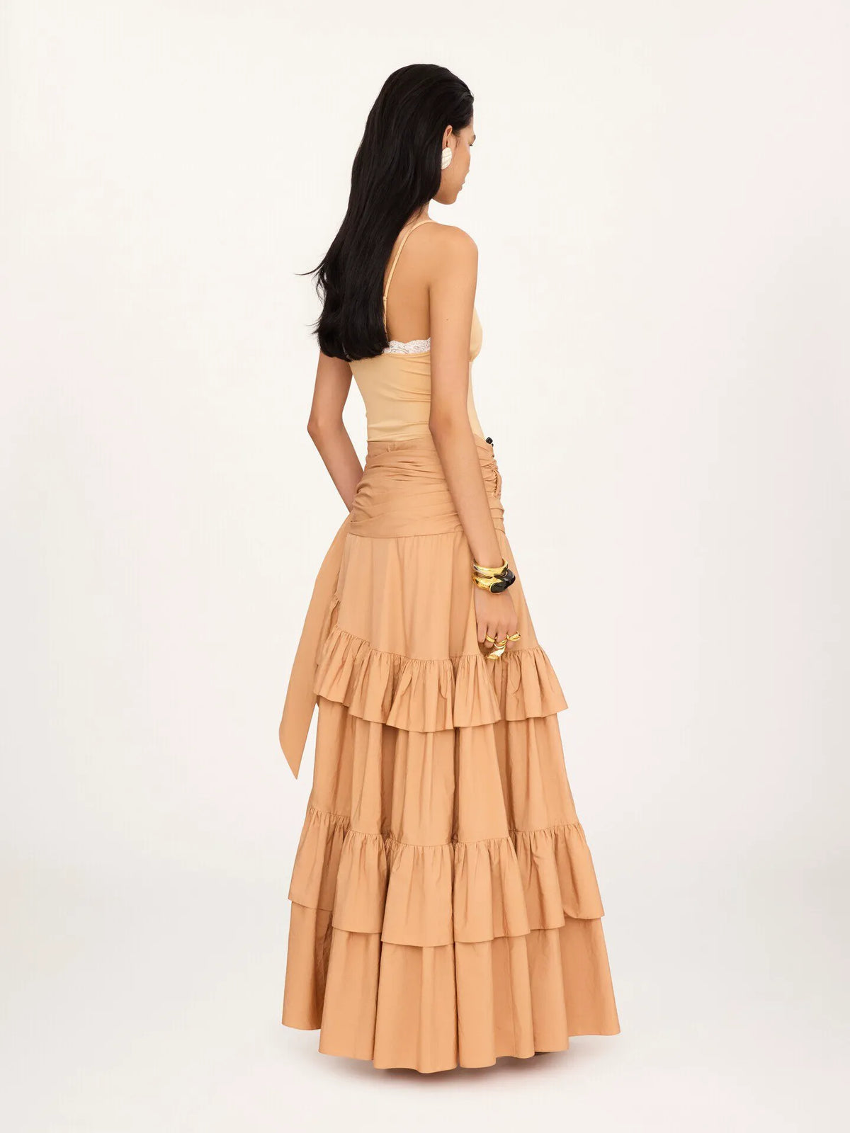 Ruffled long skirt in cotton poplin