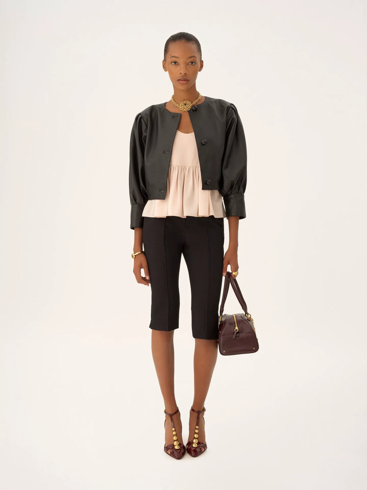 Gathered sleeveless top in crêpe de chine