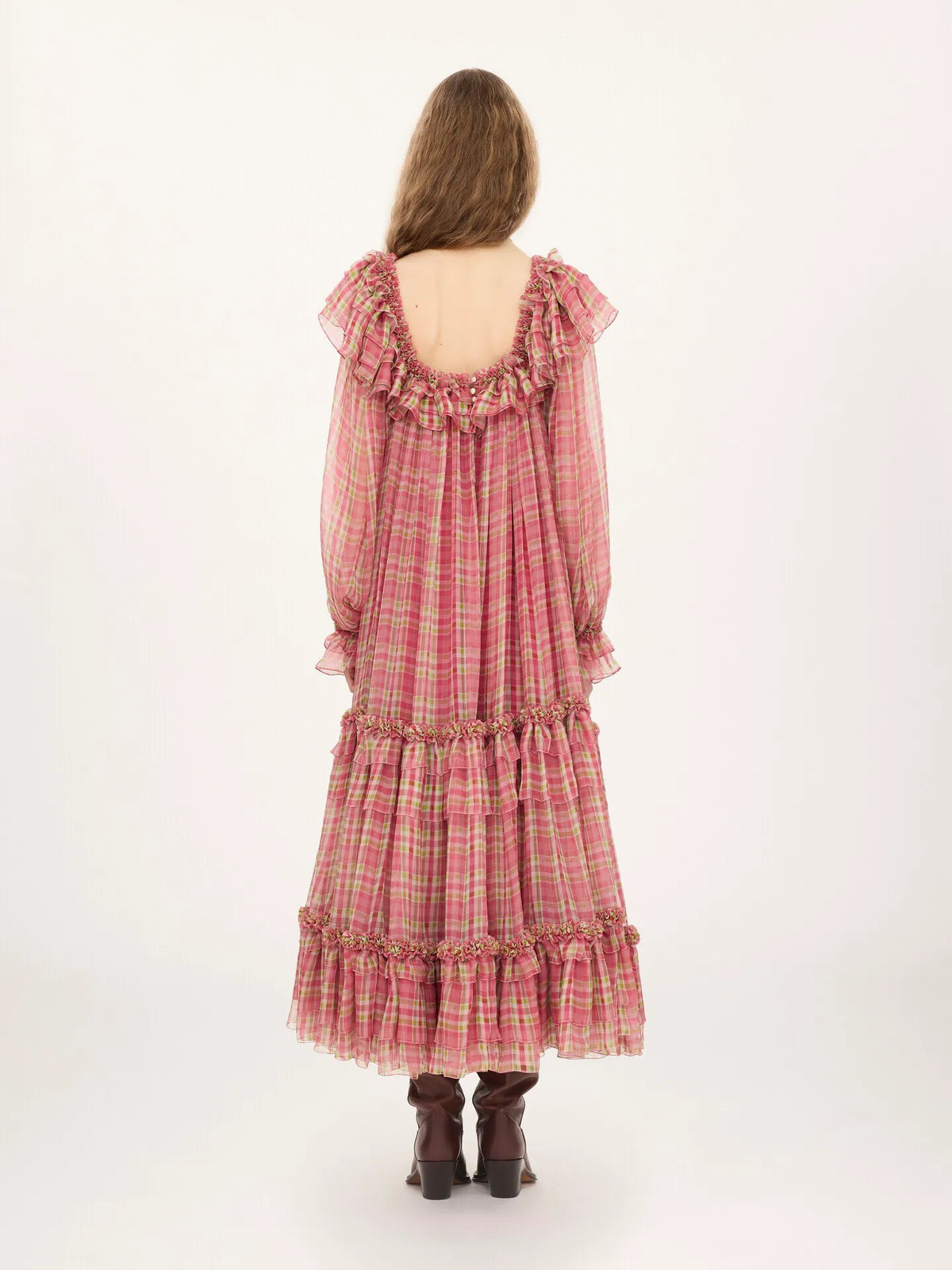 Square-neck midi dress in check silk mousseline