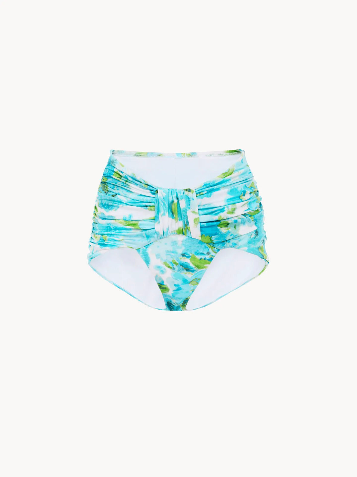 Aqua flower-print mid-rise draped bikini bottoms